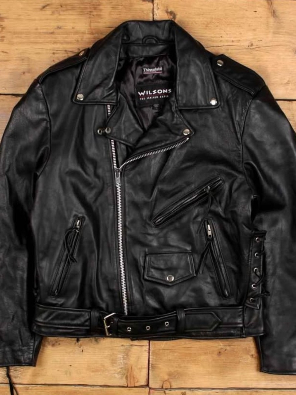 VINTAGE Wilson Black Leather Biker Jacket with Belt and Zip Pockets